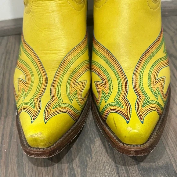 Planet Cowboy Psychedelic Yellow Western Cowboy Boots with Multicolor Stitching - Picture 6 of 11